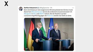 Beim Antrittsbesuch des bulgarischen Ministerpräsidenten Denkov heute Abend hat @Bundeskanzler Scholz die verlässliche Zusammenarbeit mit #Bulgarien in #EU und @NATO betont. 