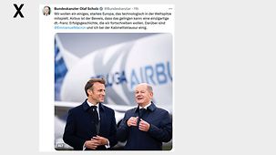 Wir wollen ein einiges, starkes Europa, das technologisch in der Weltspitze mitspielt. Airbus ist der Beweis, dass das gelingen kann: eine einzigartige dt.-franz. Erfolgsgeschichte, die wir fortschreiben wollen. 
