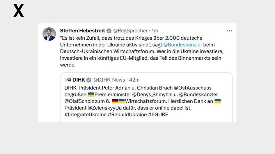 "Es ist kein Zufall, dass trotz des Krieges über 2.000 deutsche Unternehmen in der Ukraine aktiv sind", sagt @Bundeskanzler beim Deutsch-Ukrainischen Wirtschaftsforum. 