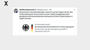 Deutschland unterstützt Georgien weiterhin auf dem Weg in die EU. Das hat Bundeskanzler Scholz heute in einem Telefonat gegenüber dem georgischen Ministerpräsidenten Garibaschwili betont. Beide bleiben in engem Kontakt.