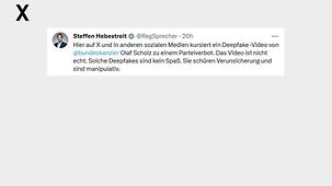 Hier auf X und in anderen sozialen Medien kursiert ein Deepfake-Video von @bundeskanzler Olaf Scholz zu einem Parteiverbot. Das Video ist nicht echt. Solche Deepfakes sind kein Spaß. Sie schüren Verunsicherung und sind manipulativ.