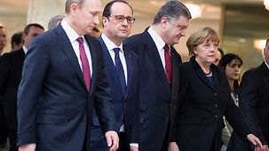 Der russische Präsident Wladimir Putin (v.l.), der französische Präsident François Hollande, der ukrainische Präsident Petro Poroschenko und Bundeskanzlerin Angela Merkel.