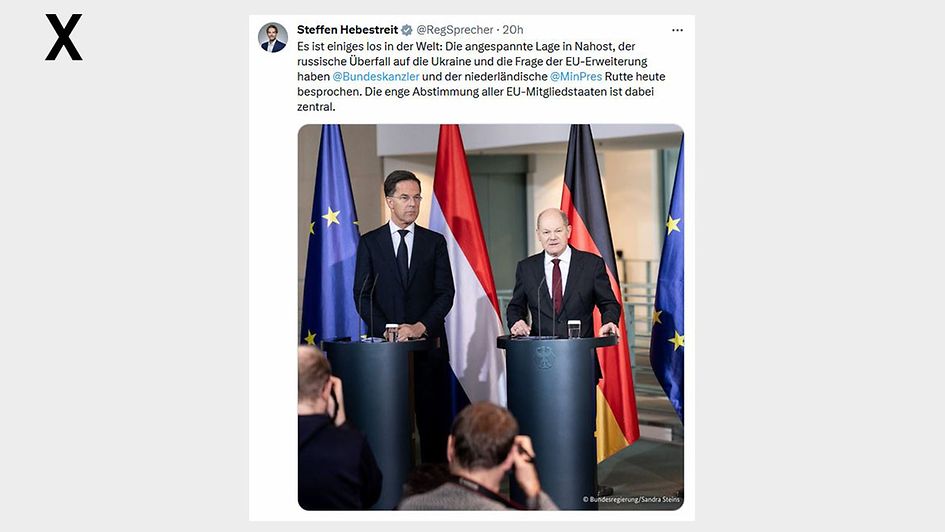 Es ist einiges los in der Welt: Die angespannte Lage in Nahost, der russische Überfall auf die Ukraine und die Frage der EU-Erweiterung haben @Bundeskanzler und der niederländische @MinPres Rutte heute besprochen. 