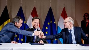 Der belgische Premierminister De Croo, der niederländische Premierminister Rutte und der luxemburgische Premierminister Frieden beim Benelux-Summit 2023
