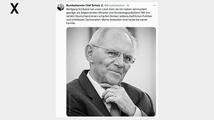 Wolfgang Schäuble hat unser Land mehr als ein halbes Jahrhundert geprägt: als Abgeordneter, Minister und Bundestagspräsident. Mit ihm verliert Deutschland einen scharfen Denker, leidenschaftlichen Politiker und streitbaren Demokraten.