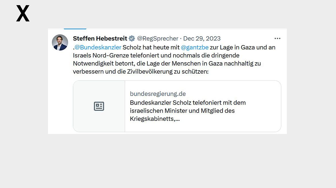@Bundeskanzler Scholz hat heute mit @gantzbe zur Lage in Gaza und an Israels Nord-Grenze telefoniert und nochmals die dringende Notwendigkeit betont, die Lage der Menschen in Gaza nachhaltig zu verbessern und die Zivilbevölkerung zu schützen.