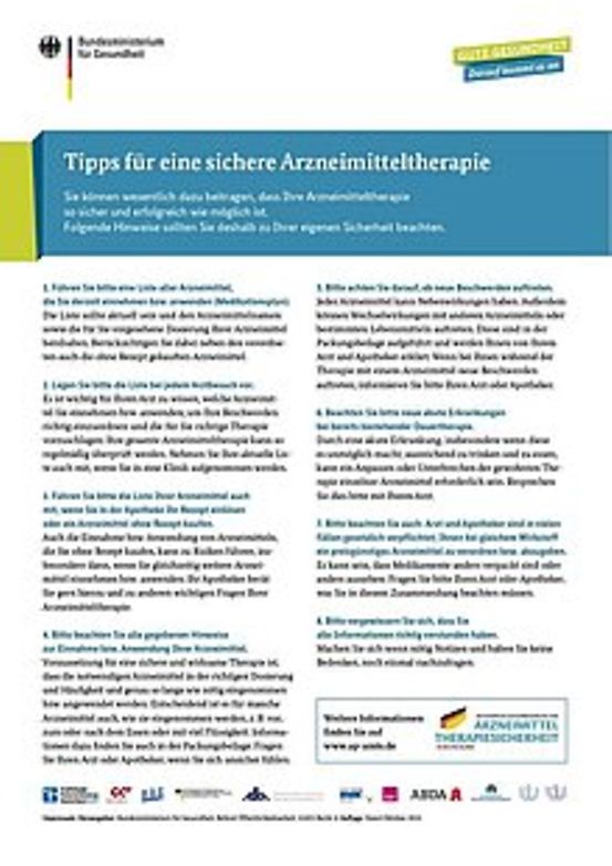 Titelbild der Publikation "Tipps für eine sichere Arzneimitteltherapie"