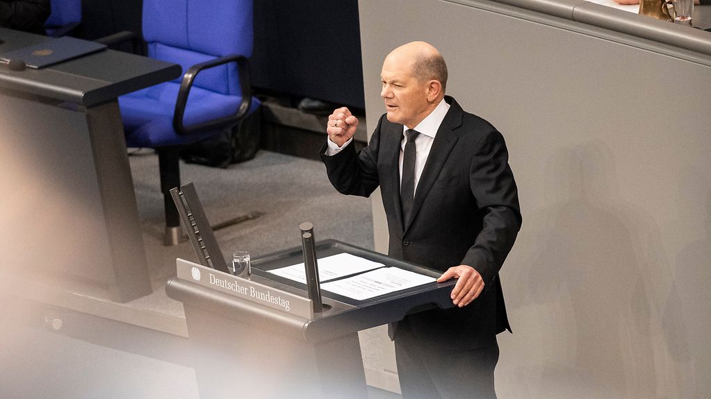 Federal Chancellor Olaf Scholz giving a speech during the general debate on the budget in the Bundestag.