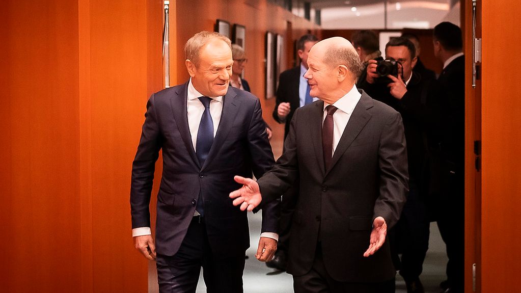 Kanzler Scholz mit dem polnischen Ministerpräsidenten Tusk im Kanzleramt.