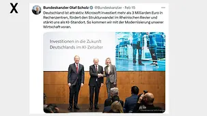 Deutschland ist attraktiv: Microsoft investiert mehr als 3 Milliarden Euro in Rechenzentren, fördert den Strukturwandel im Rheinischen Revier und stärkt uns als KI-Standort. So kommen wir mit der Modernisierung unserer Wirtschaft voran.