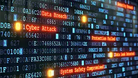 Ein abstraktes Design eines Terminaldisplays, das vor einem Cyberangriff warnt mit mehrere Zeilen Hexadezimalcode