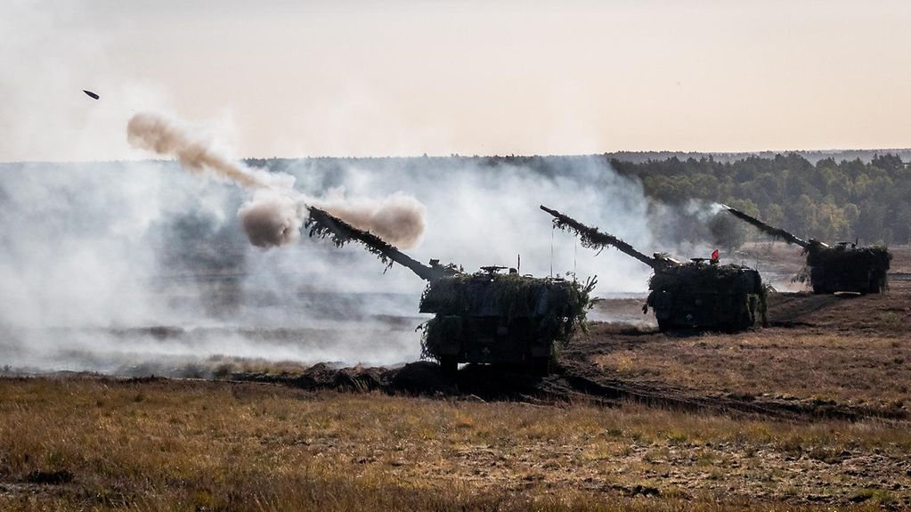 PzH 2000 self-propelled howitzers during a training and instruction exercise.