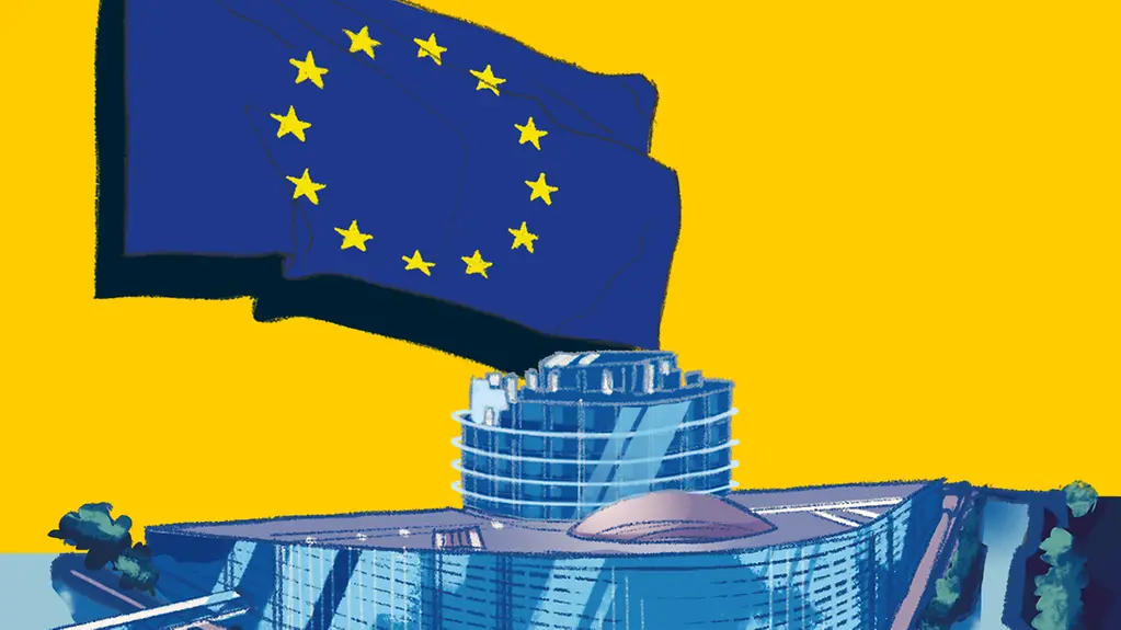 Zeichnung vom Europäisches Parlament mit einer Europaflagge