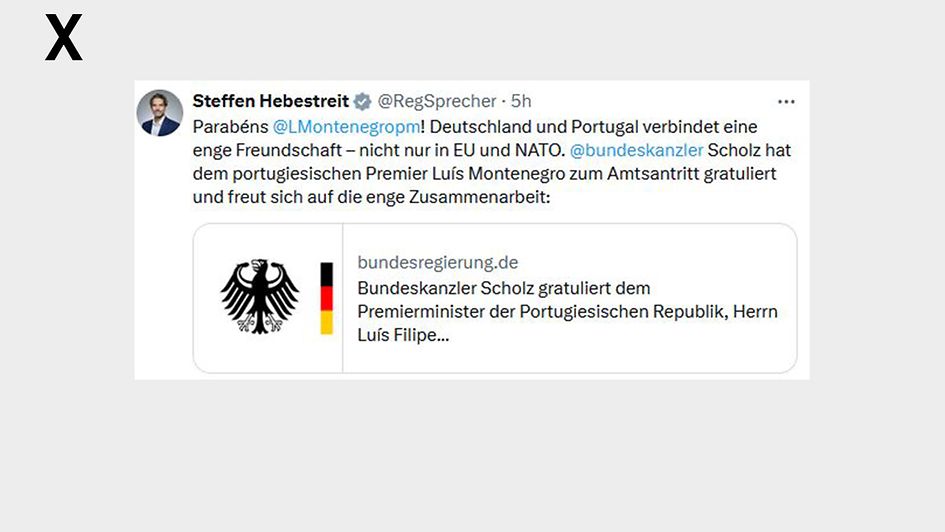 Parabéns @LMontenegropm ! Deutschland und Portugal verbindet eine enge Freundschaft – nicht nur in EU und NATO. @bundeskanzler Scholz hat dem portugiesischen Premier Luís Montenegro zum Amtsantritt gratuliert und freut sich auf die enge Zusammenarbeit.