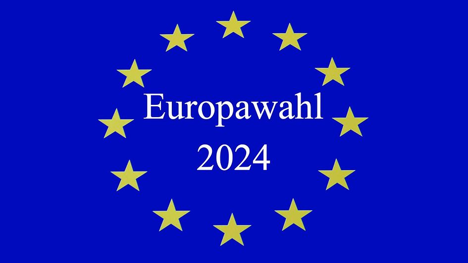 Symbol für Europa: zwölf Sterne im Kreis auf blauem Hintergrund. In der Mitte steht: Europawahl 2024