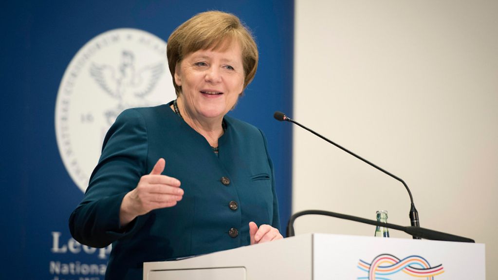 Chancellor Angela Merkel speaks at the Science20 summit at the Leopoldina, the German National Academy of Sciences.