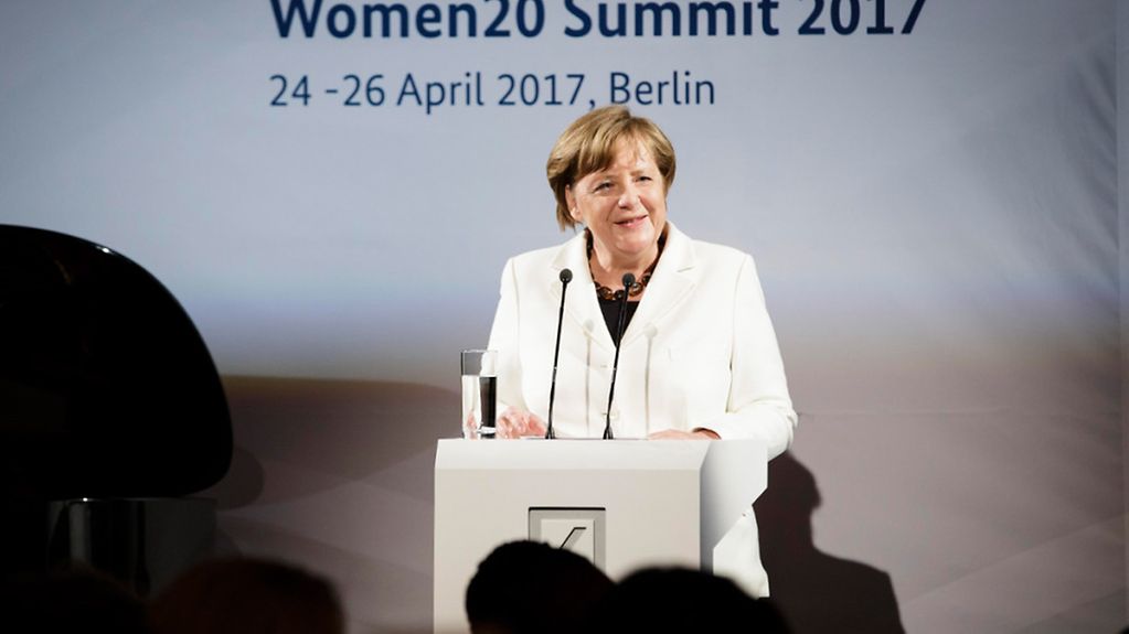 Chancellor Angela Merkel speaks at the gala dinner held during the W20 Summit in Berlin.