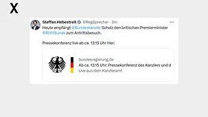 Heute empfängt @Bundeskanzler Scholz den britischen Premierminister @RishiSunak zum Antrittsbesuch. Pressekonferenz live ab ca. 13:15 Uhr hier: