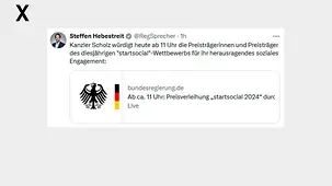 Kanzler Scholz würdigt heute ab 11 Uhr die Preisträgerinnen und Preisträger des diesjährigen "startsocial"-Wettbewerbs für ihr herausragendes soziales Engagement:
