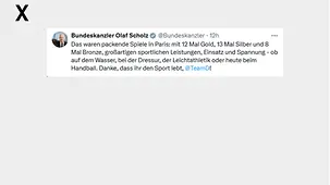 Das waren packende Spiele in Paris: mit 12 Mal Gold, 13 Mal Silber und 8 Mal Bronze, großartigen sportlichen Leistungen, Einsatz und Spannung - ob auf dem Wasser, bei der Dressur, der Leichtathletik oder heute beim Handball. 