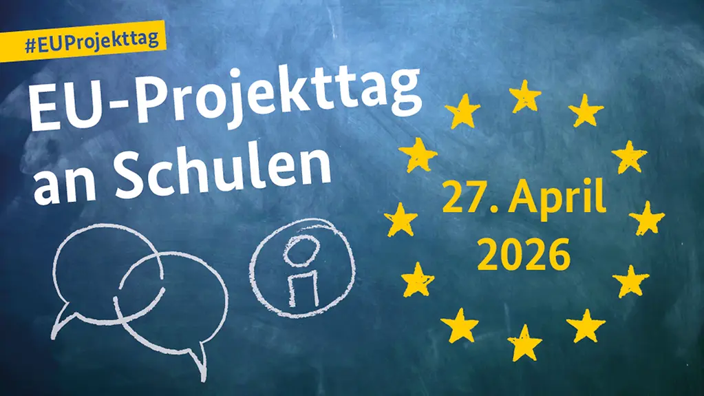 Grafik zum EU-Projekttag an Schulen am 27. April 2026 als Tafelbild.
