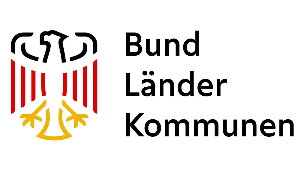 Schematisch dargestellter Bundesadler in Schwarz, Rot, Gelb und Aufschrift Bund, Länder, Kommunen.