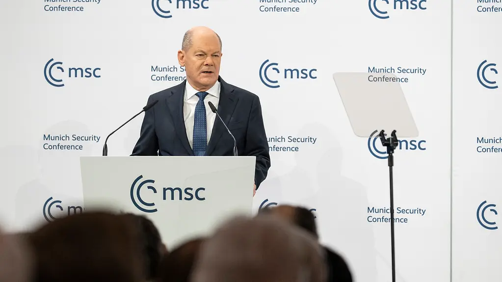 Le chancelier fédéral Olaf Scholz prononce un discours à la Conférence de Munich sur la sécurité.