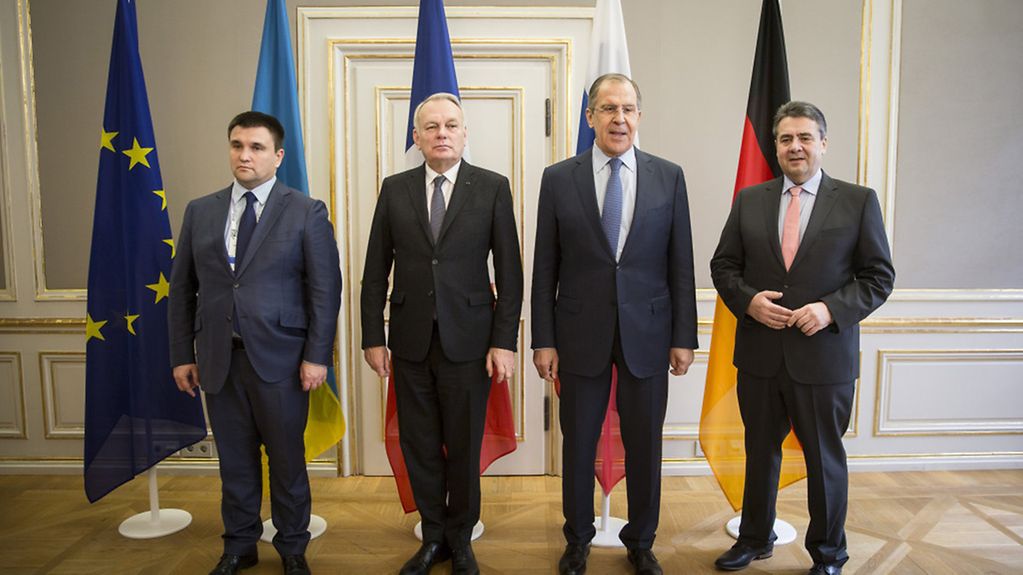 (right to left) Sigmar Gabriel, SPD, Vice-Chancellor and Federal Foreign Minister met with Sergey Lavrov, Russia's Foreign Minister, Jean-Marc Ayrault, French Foreign Minister and Pavlo Klimkin, Ukraine's Foreign Minister,