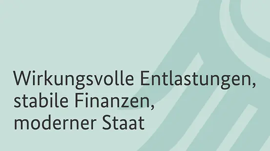 Grafik mit dem Schriftzug Entlastung, stabile Finanzen, moderner Staat.