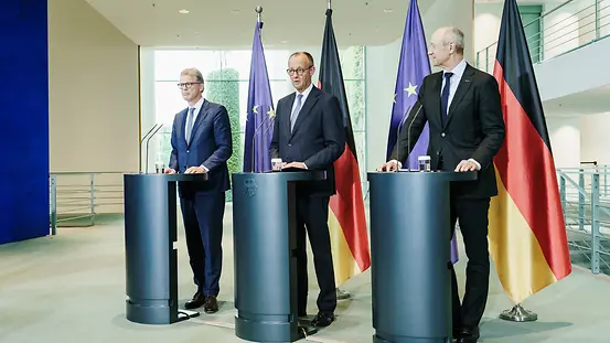 Auf dem Foto zu sehen sind Bundeskanzler Friedrich Merz und Vertreter der Unternehmensinitiative "Made for Germany".