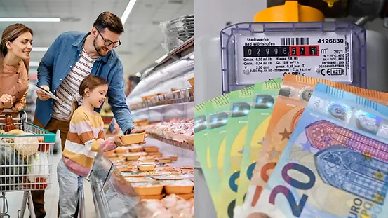 Familie im Supermarkt und Gaszähler mit Geldscheinen