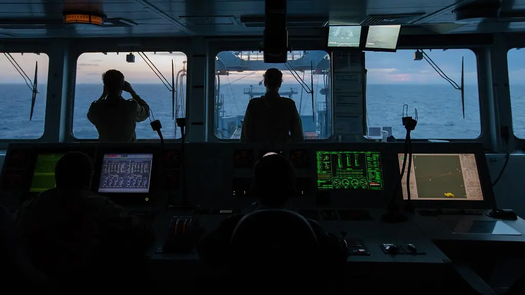 Marines on the bridge of a command ship.