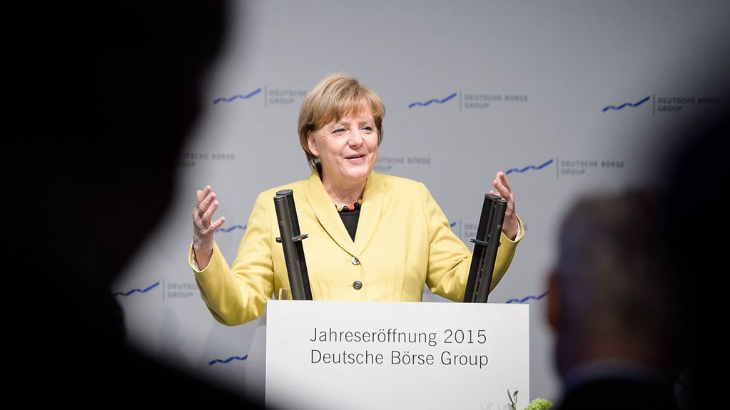 Bundeskanzlerin Angela Merkel spricht bei der Jahreseröffnung der Deutschen Börse AG.
