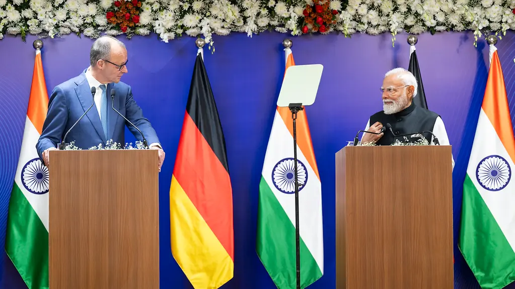 Bundeskanzler Merz und Premierminister Modi bei dem gemeinsamen Pressestatement.