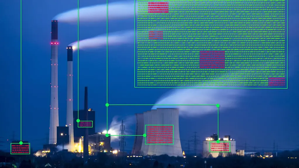 Sur la photo, on peut voir des données ainsi qu’une centrale électrique, qui symbolisent des infrastructures critiques.