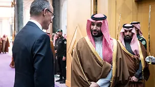 La photo montre le chancelier fédéral Friedrich Merz s’entretenant avec le prince héritier d’Arabie saoudite.