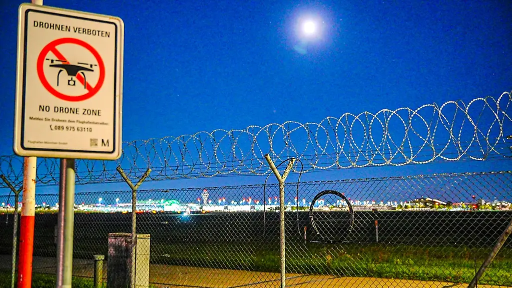 A “Drones prohibited” sign on the grounds of an airport