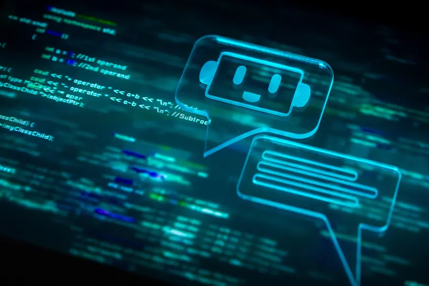 Ein freundliches Chatbot-Symbol in einer Sprechblase interagiert mit Programmcode in einer futuristischen digitalen Benutzeroberfläche und symbolisiert künstliche Intelligenz in der Softwareentwicklung.