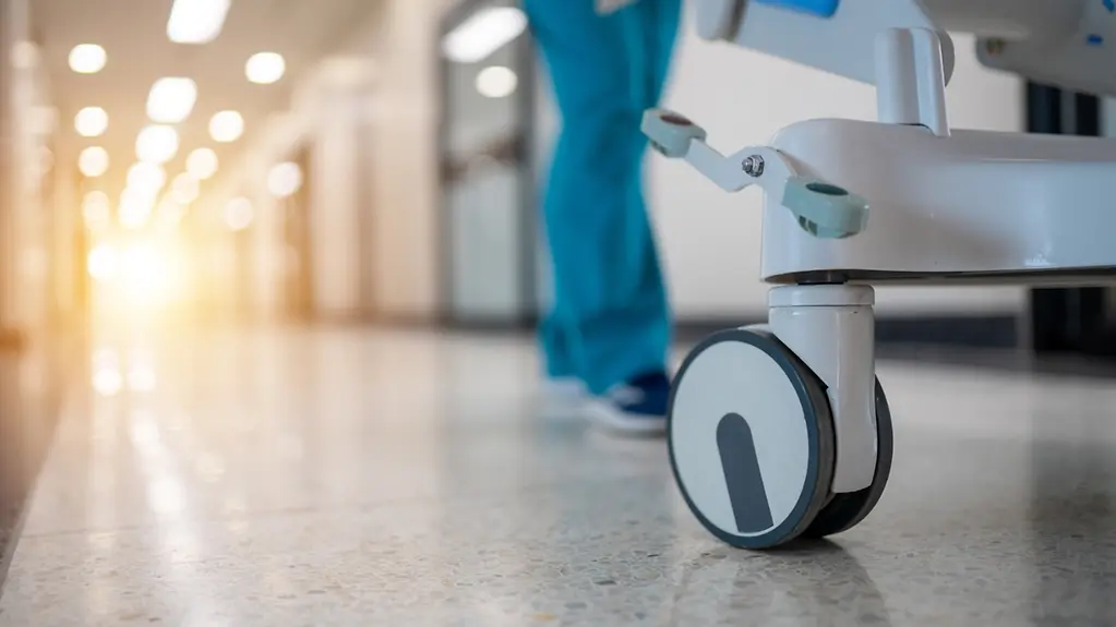 Ein Krankenhausflur mit einer Pflegekraft, die einen Wagen schiebt. Der Flur ist leer und die Sonne scheint durch die Fenster.
