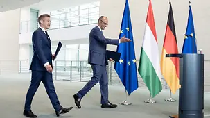 Bundeskanzler Friedrich Merz mit Peter Magyar, Ungarns Ministerpräsident, bei dessen Antrittsbesuch.
