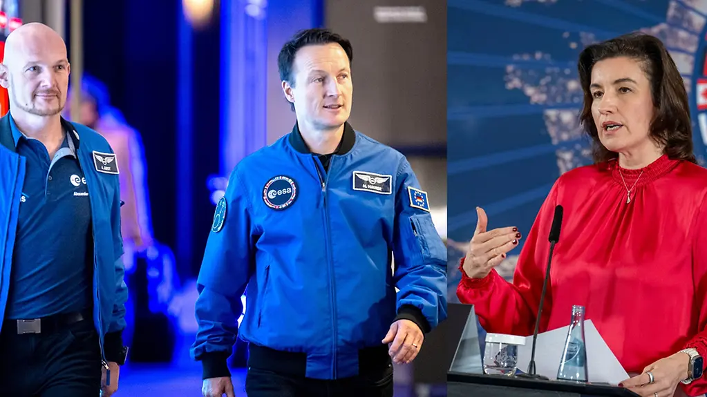 Collage mit Bundesministerin Dorothee Bär, des Astronauten Alexander Gerst (l) und Matthias Maurer 