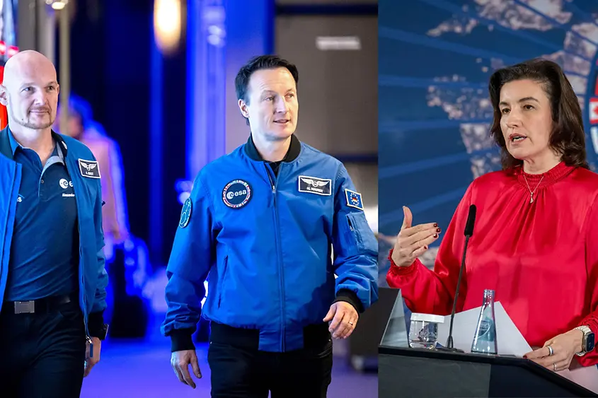 Collage mit Bundesministerin Dorothee Bär, des Astronauten Alexander Gerst (l) und Matthias Maurer 