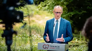 Le chancelier fédéral Friedrich Merz lors d’une déclaration à la presse à l’issue du sommet du G7.