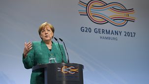 Bundeskanzlerin Angela Merkel bei der Abschlusspressekonferenz im Rahmen des G20-Gipfels.