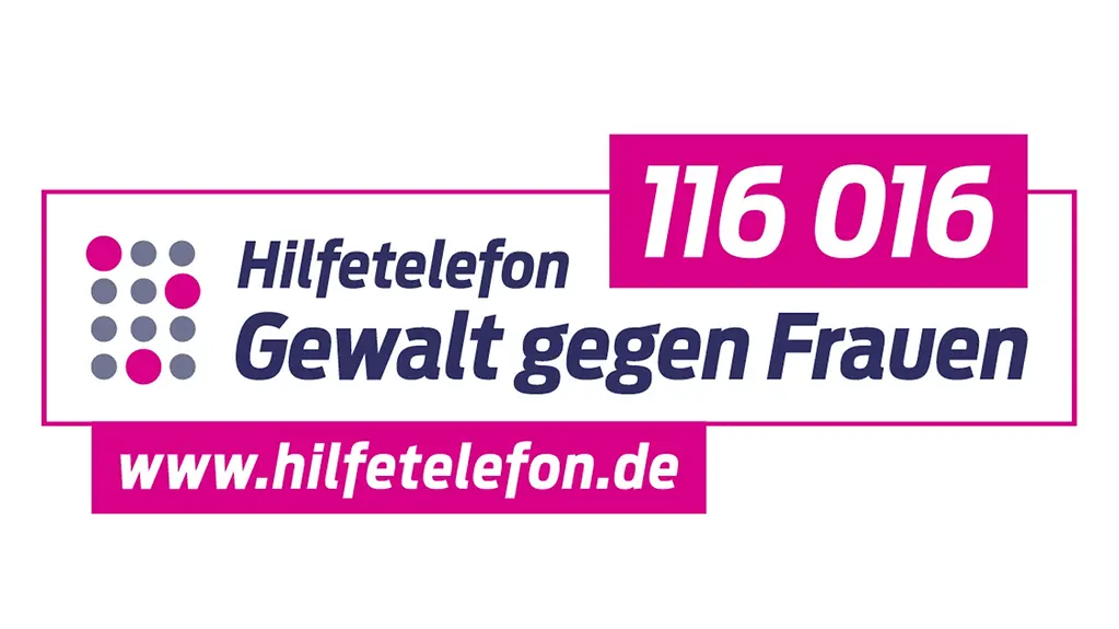 Logo of the ‘Violence against Women’ helpline, showing the telephone number 116 016 and the website www.hilfetelefon.de.