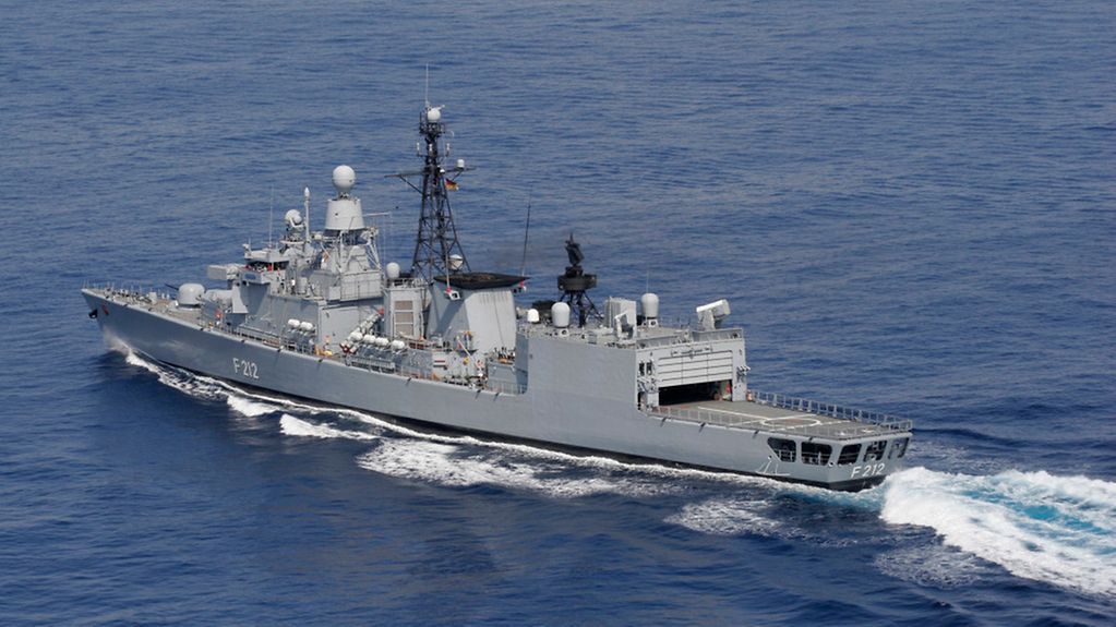 The Bundeswehr mission in the Mediterranean (EUNAVFOR MED - Operation Sophia); an aerial photo of the frigate KARLSRUHE
