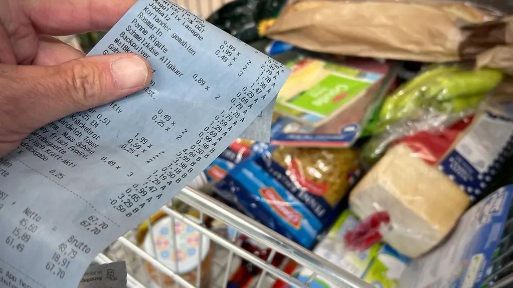 Eine Hand hält einen Kassenzettel. Im Hintergrund ein gefüllter Einkaufswagen.