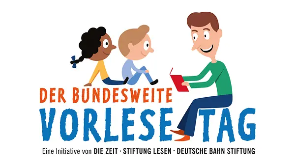 Logo Bundesweiter Vorlesetag: Es sind animierte Figuren (Vater und Kinder) zu sehen, wobei die Vaterfigur den Kindern etwas vorliest.
