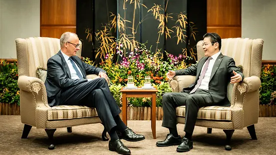 Bundeskanzler Friedrich Merz und Lawrence Wong, Premierminister von Singapur, im Gespräch.