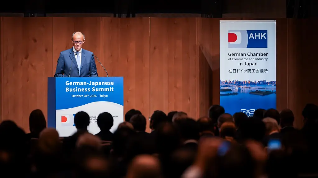 Kanzler Merz bei seiner Rede auf dem German-Japanese Business Summit